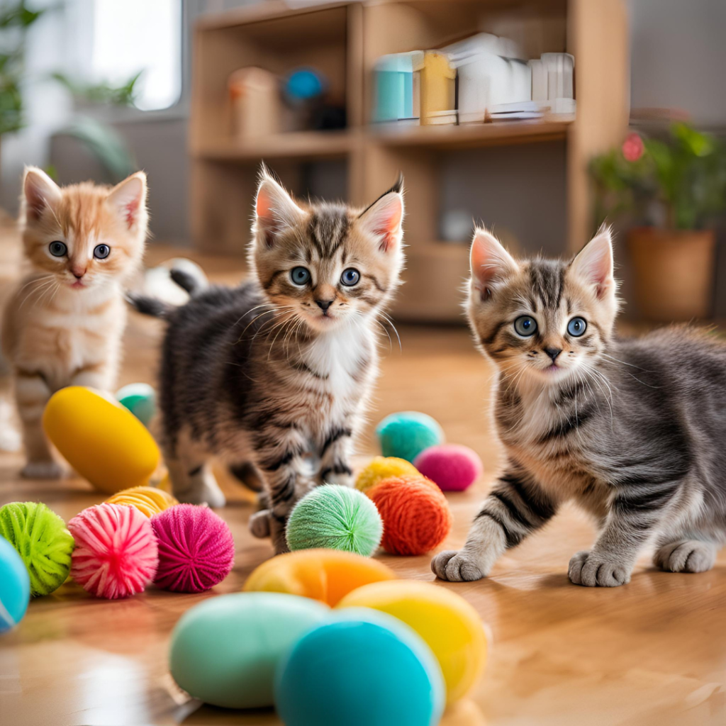 three kitten are playing with toys